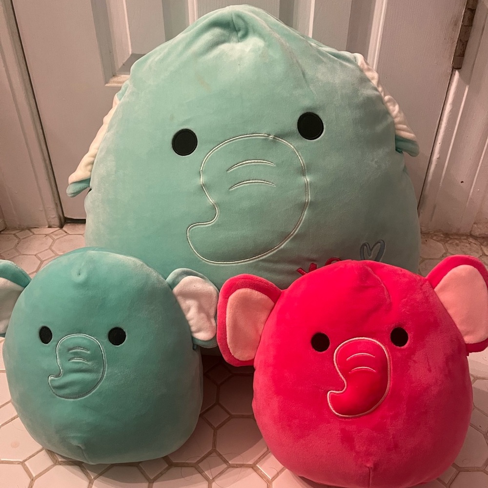 SQUISHMALLOWS: 16” Teal Elephant, 8” Teal Elephant, 8” Pink Elephant